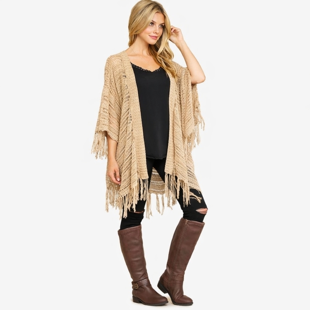 Umgee Beige Open-Knit Fringe Shrug